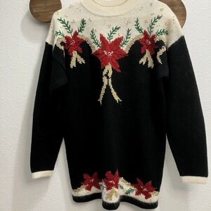 Vtg‎ Dana Scott Womens Large Knit Pullover Christmas Sweater Poinsettia Mockneck